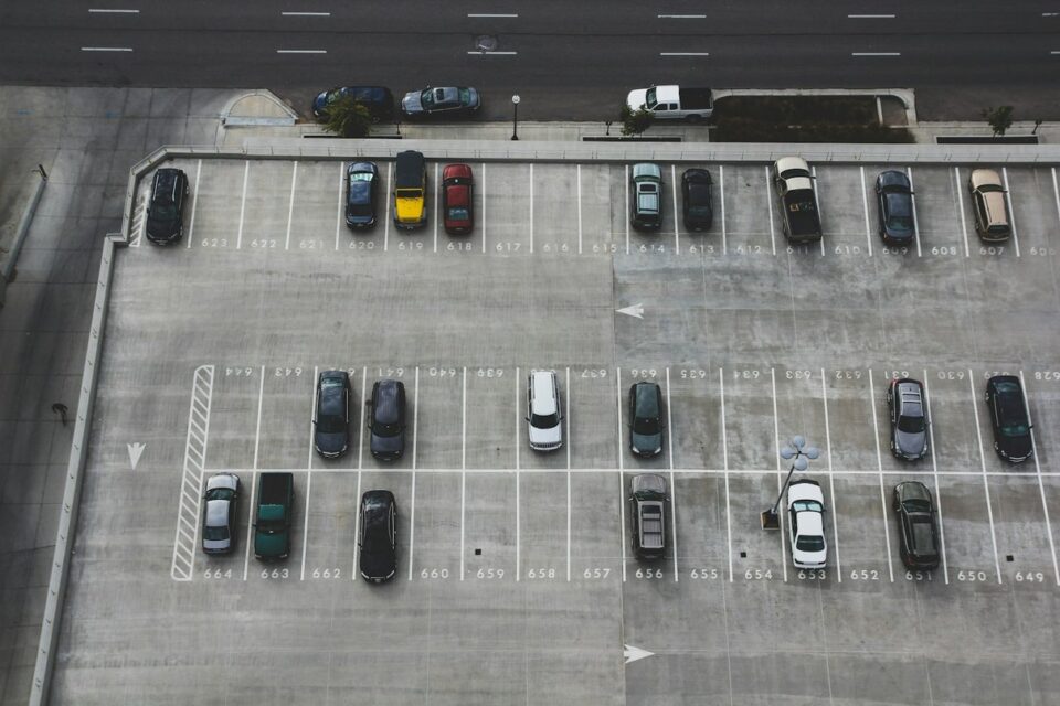 Cars parked in an airport parking lot