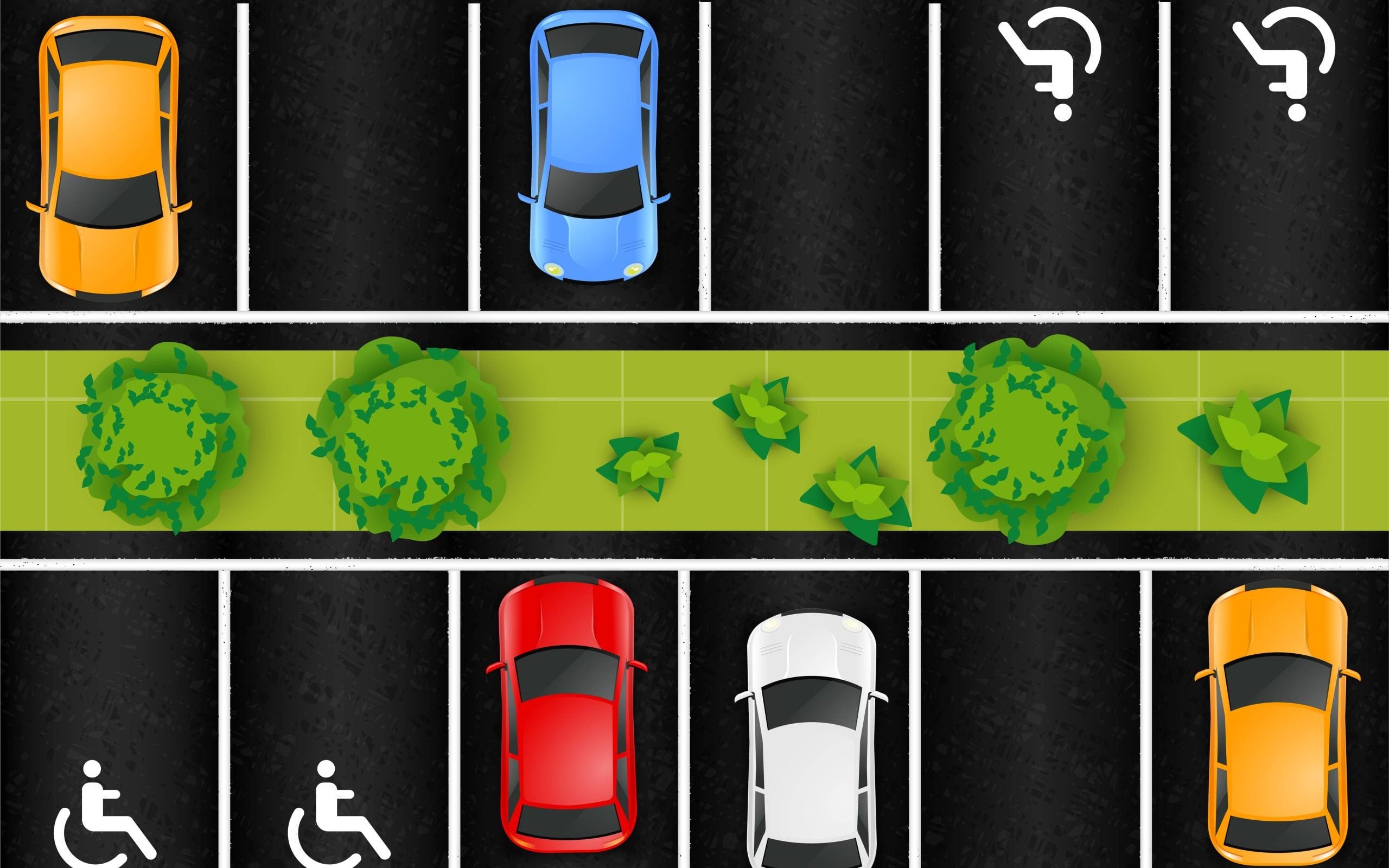 Aerial view of a car park with rows of vehicles