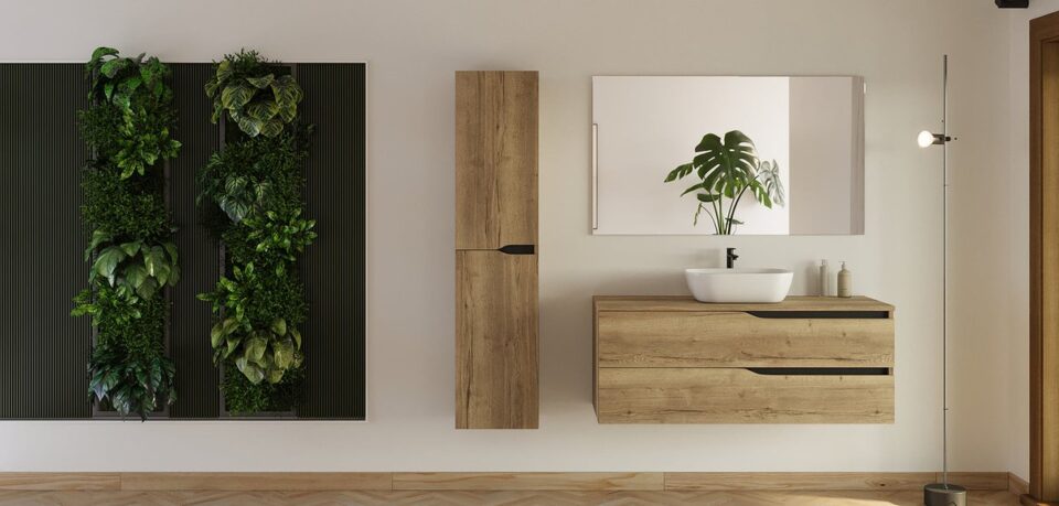Salle de bain cosy avec meuble vasque et miroir