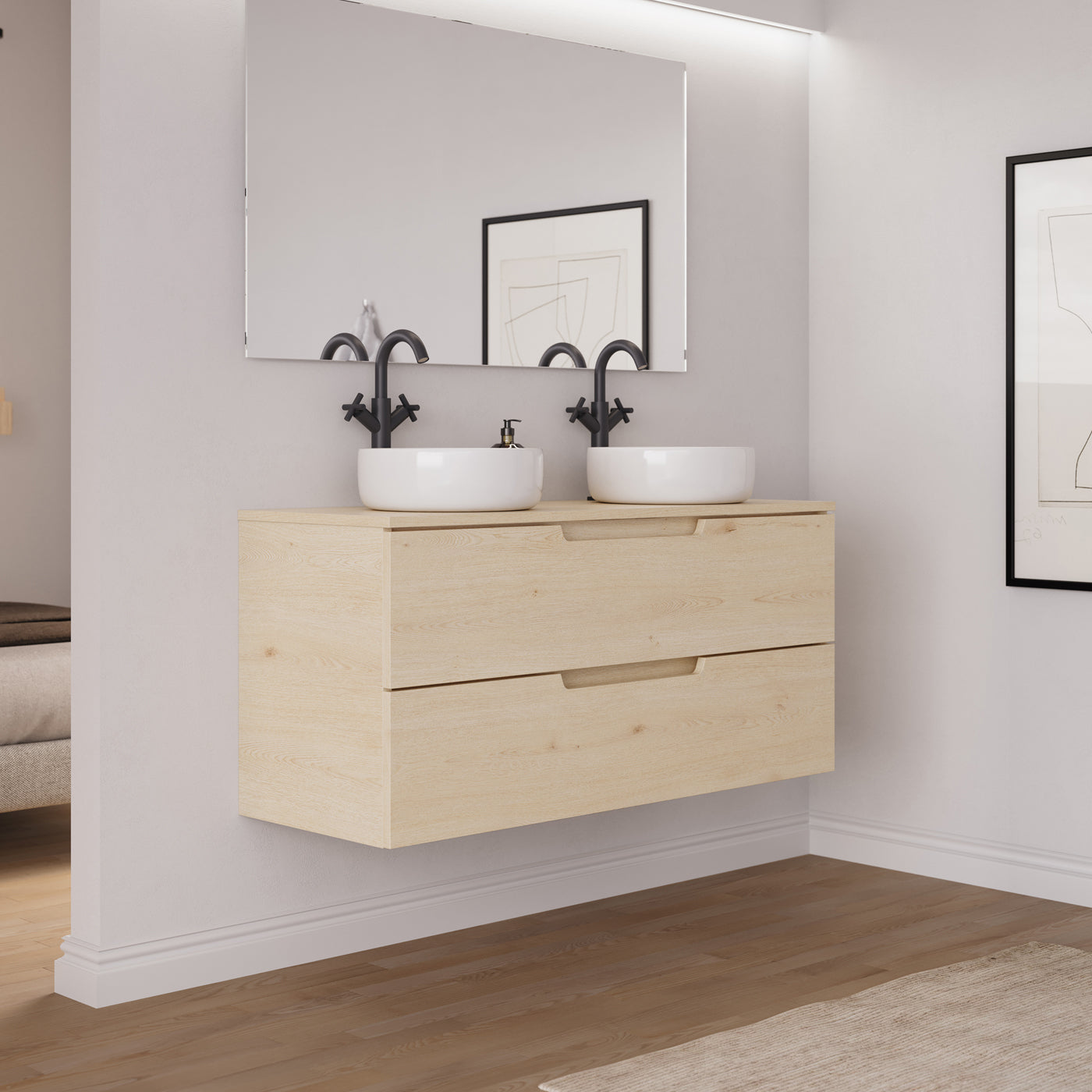 Meuble double vasque SONRIZA installé dans une salle de bain