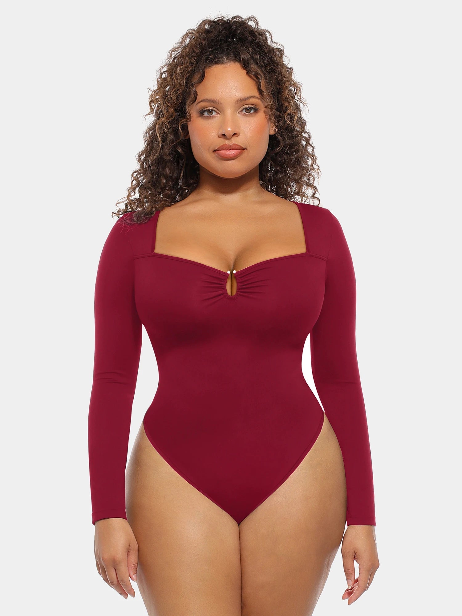 Wine red ultra-stretch tummy control long-sleeve bodysuit
