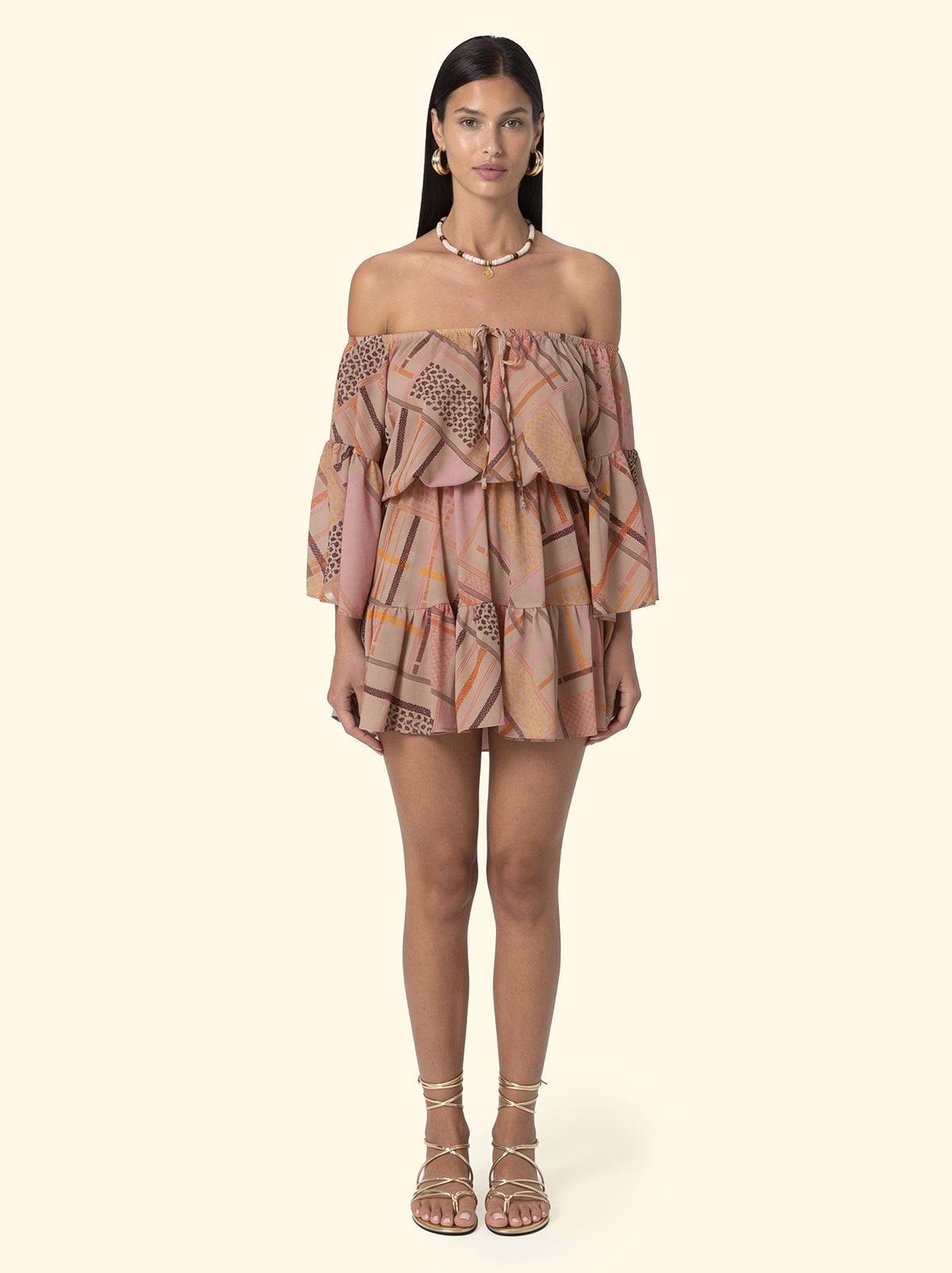 F**K patterned georgette short dress with boat neckline