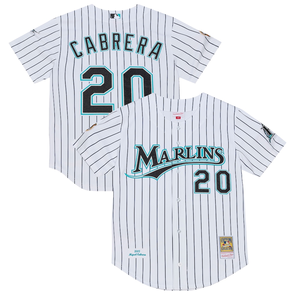 White Florida Marlins Miguel Cabrera Cooperstown jersey on a product background