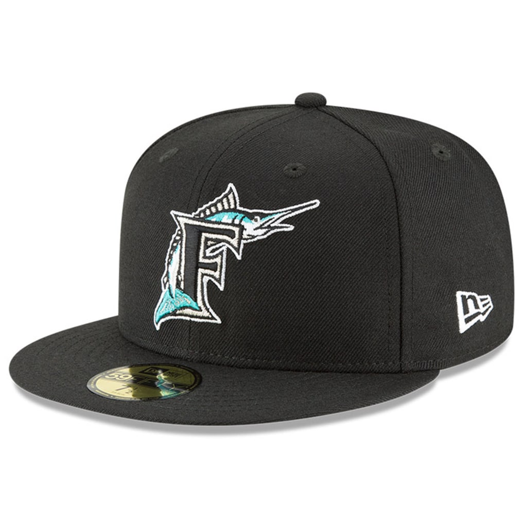 Black Florida Marlins Cooperstown Collection wool fitted cap on a product background