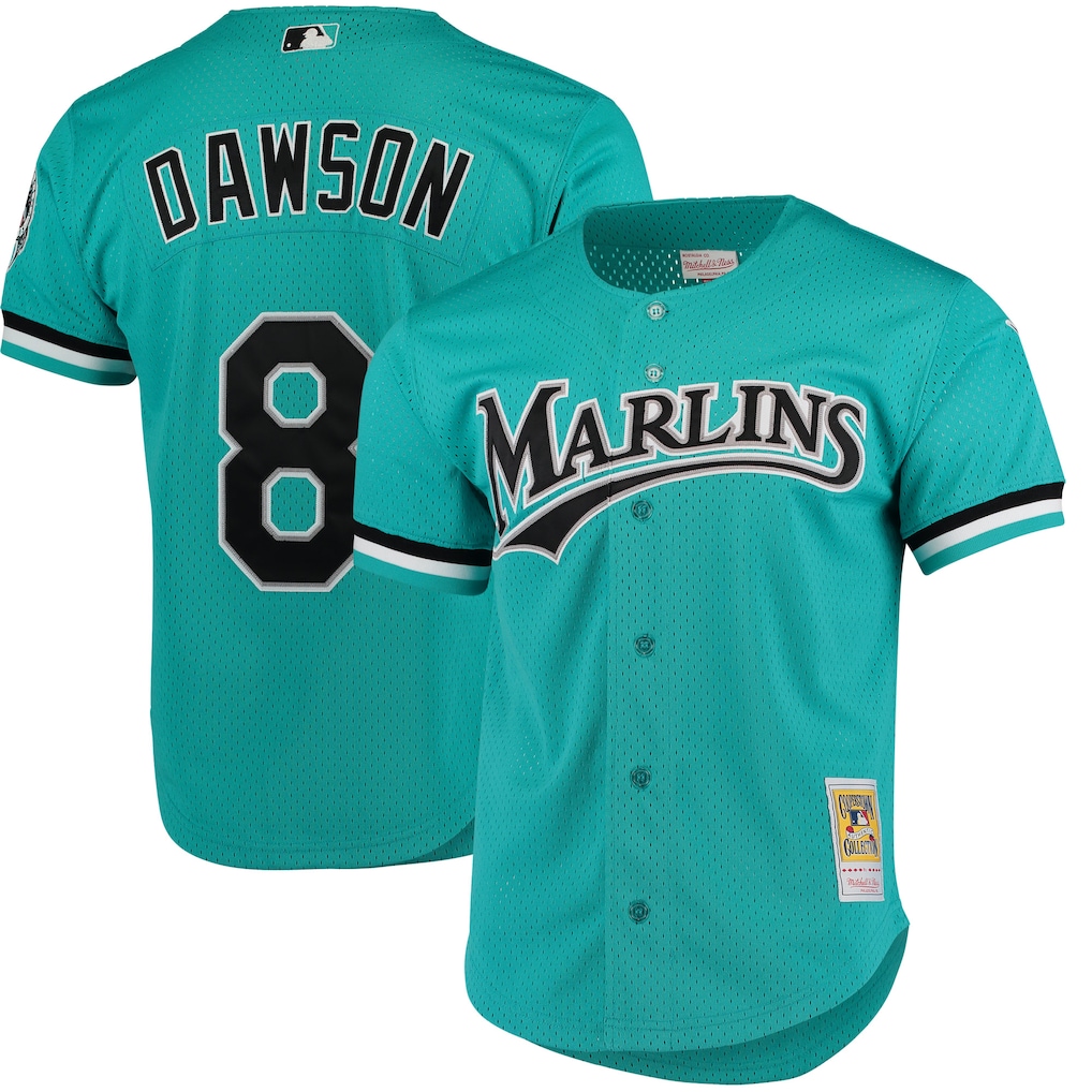 Teal Florida Marlins Andre Dawson Cooperstown mesh button-up jersey on a product background