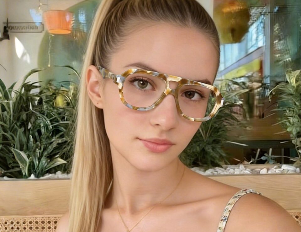 Woman wearing patterned glasses