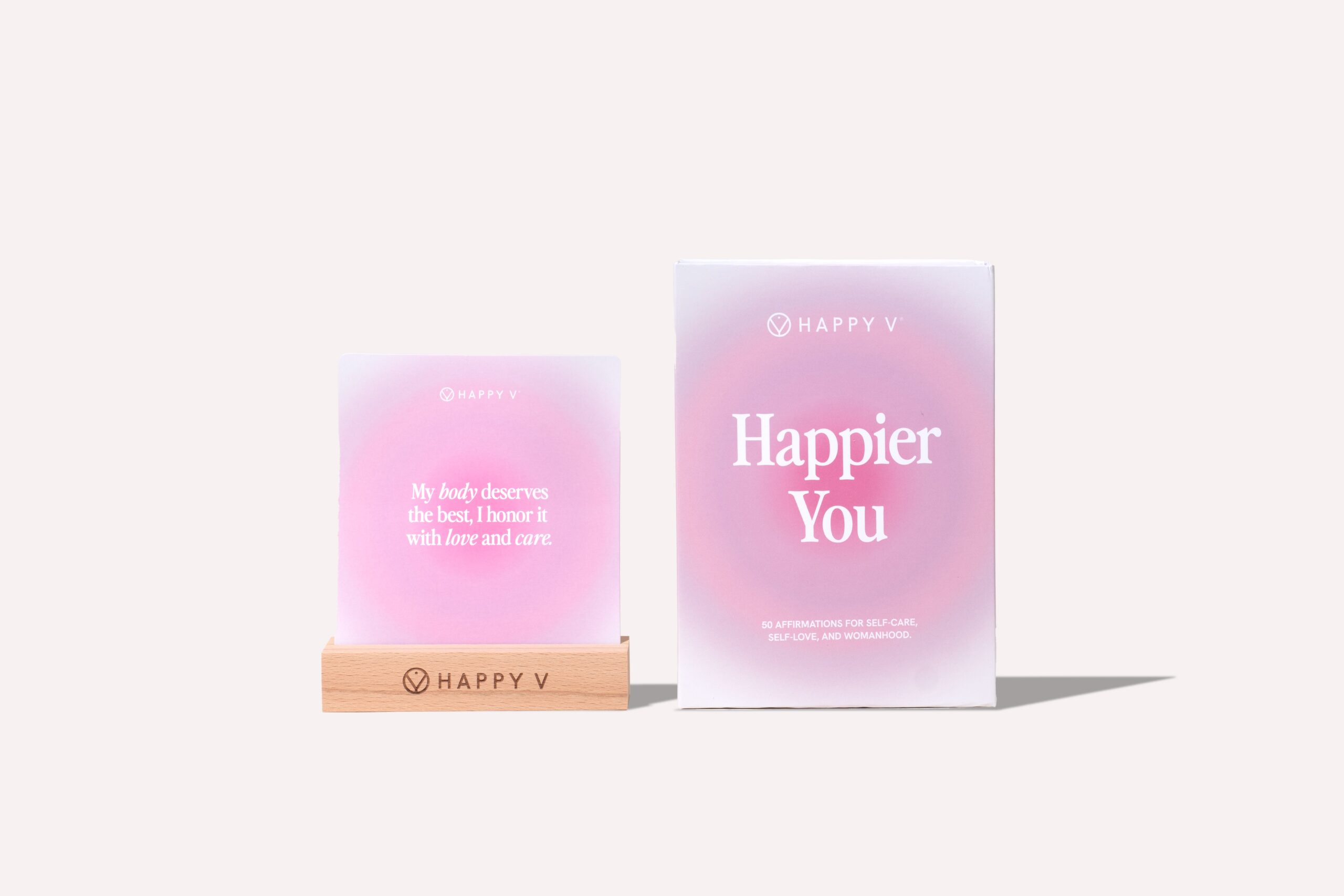 Happy V Affirmation Cards displayed on a tabletop
