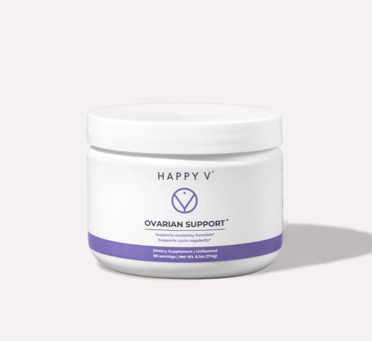 Happy V Ovarian Support product on a gray background
