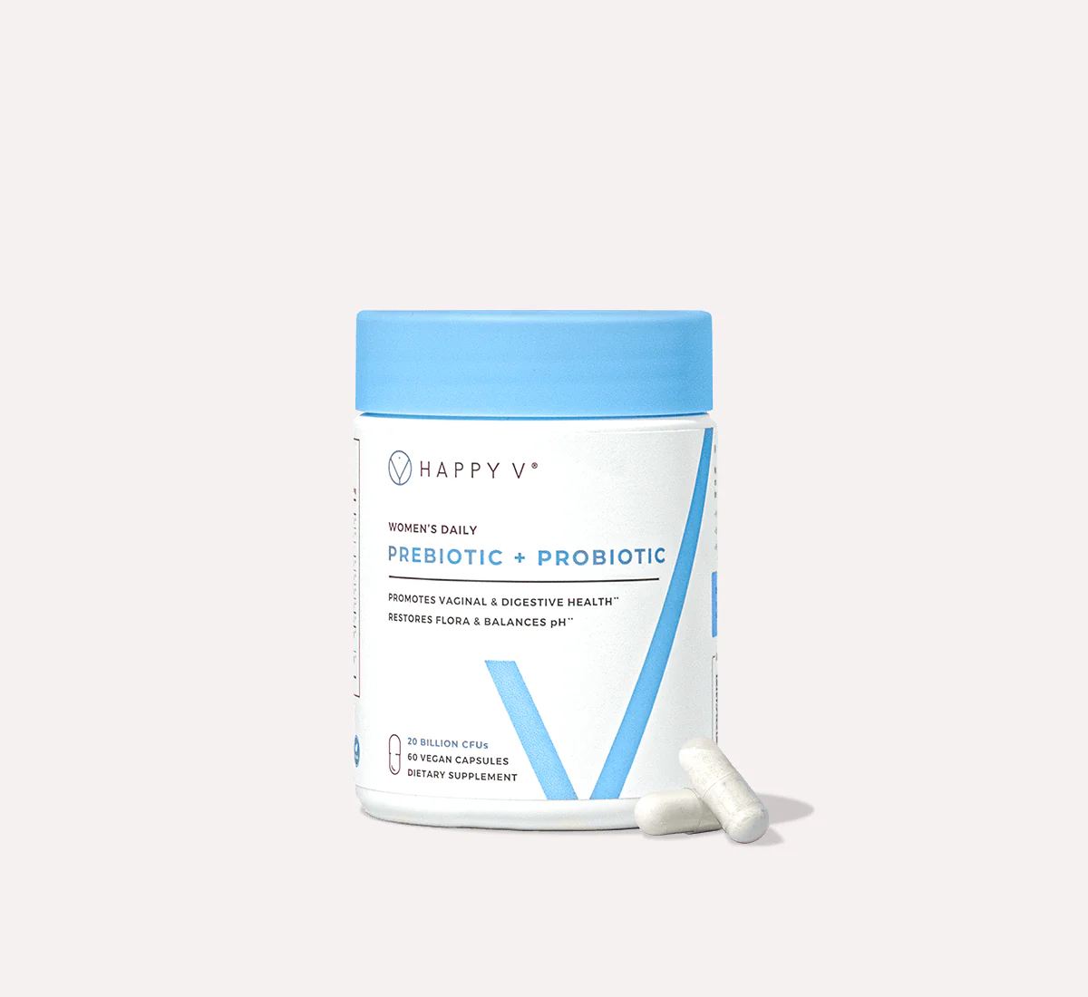 Happy V Prebiotic and Probiotic supplement bottle