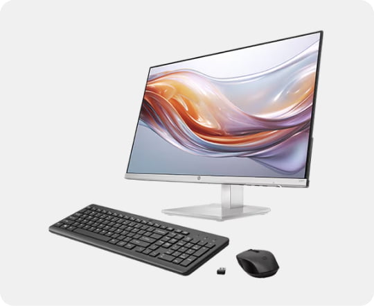 HP monitor and computer accessories arranged for a desk