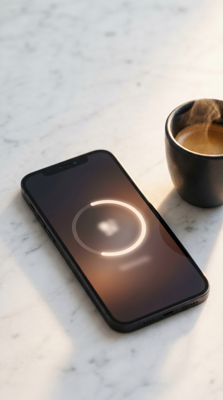 Smartphone mit leuchtendem Ring auf dunklem Bildschirm