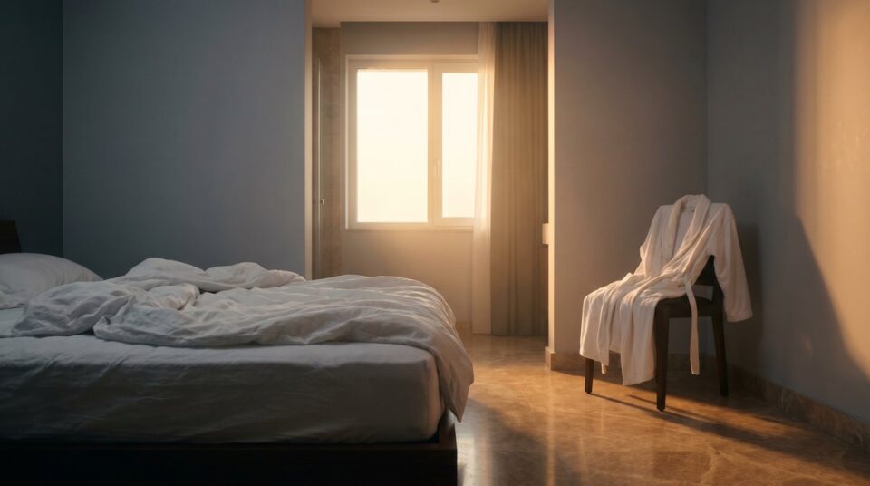 Helles Hotel-Schlafzimmer mit Bett und Sitzbereich