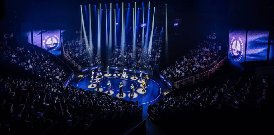 The Hunger Games On Stage actors performing on the full London theatre stage