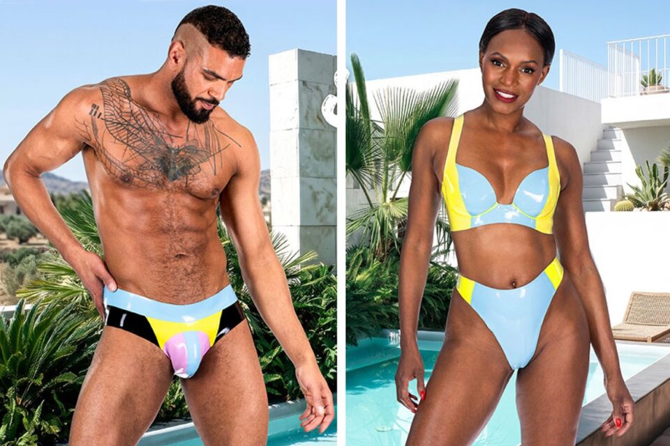 Two models wearing Libidex latex swimwear