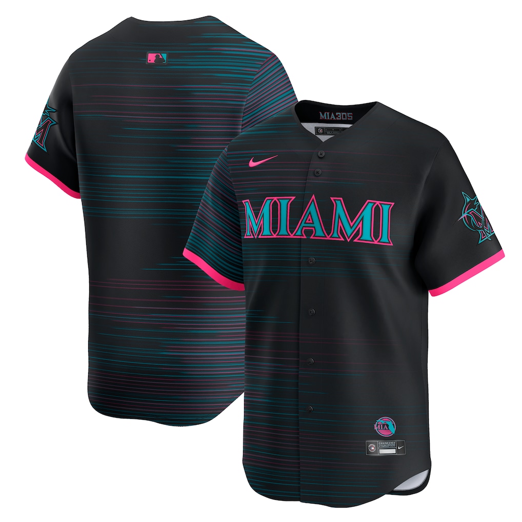 Miami Marlins black City Connect limited jersey displayed on a product background