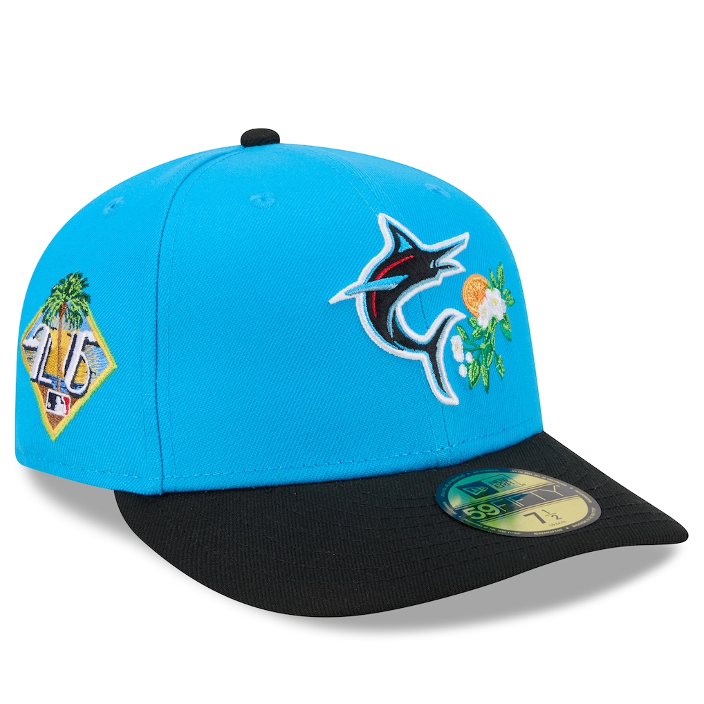 Miami Marlins blue and black Spring Training fitted cap on a clean product background