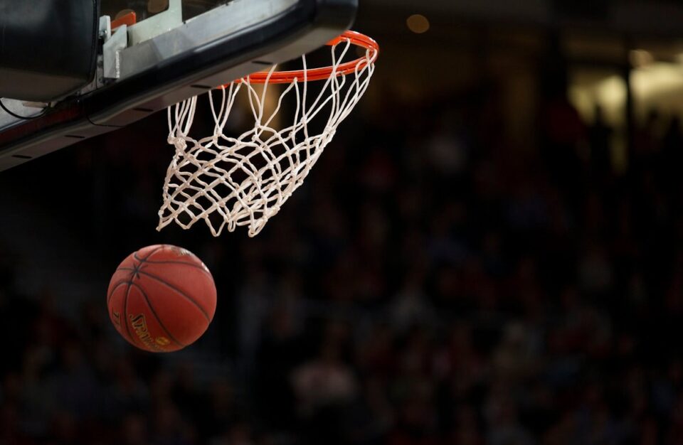 Basketball on an indoor court ready for a game