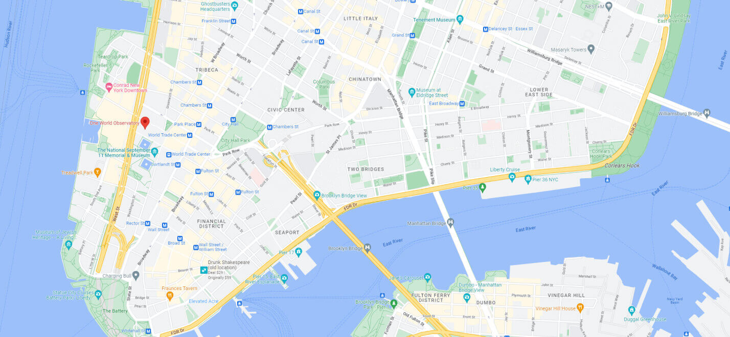 Map showing the One World Observatory location in Downtown Manhattan