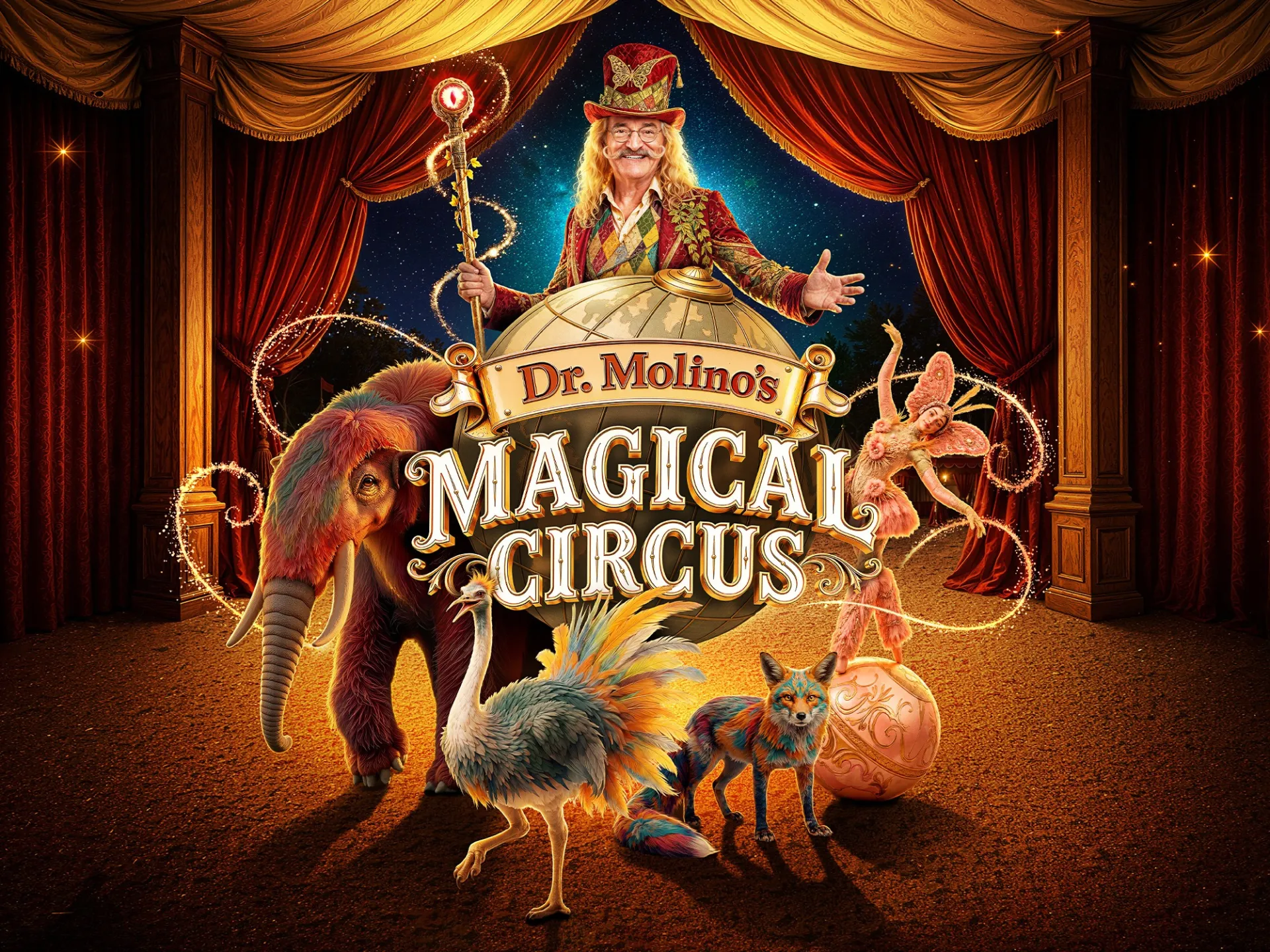 Décor coloré du spectacle familial Dr. Molino's Magical Circus