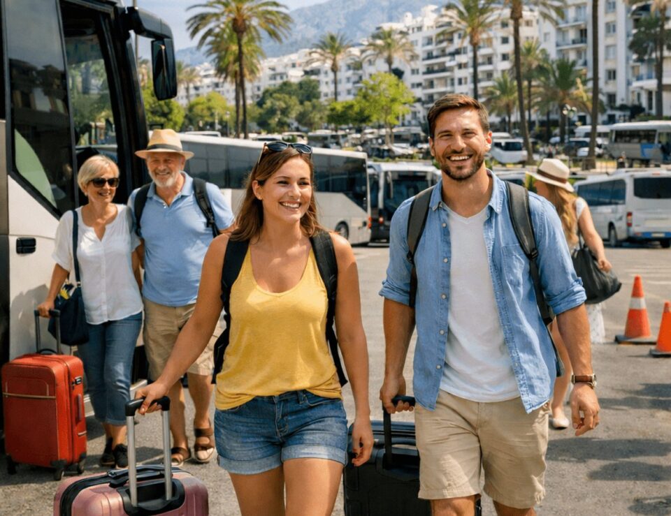 Viajeros con equipaje cerca de autobuses