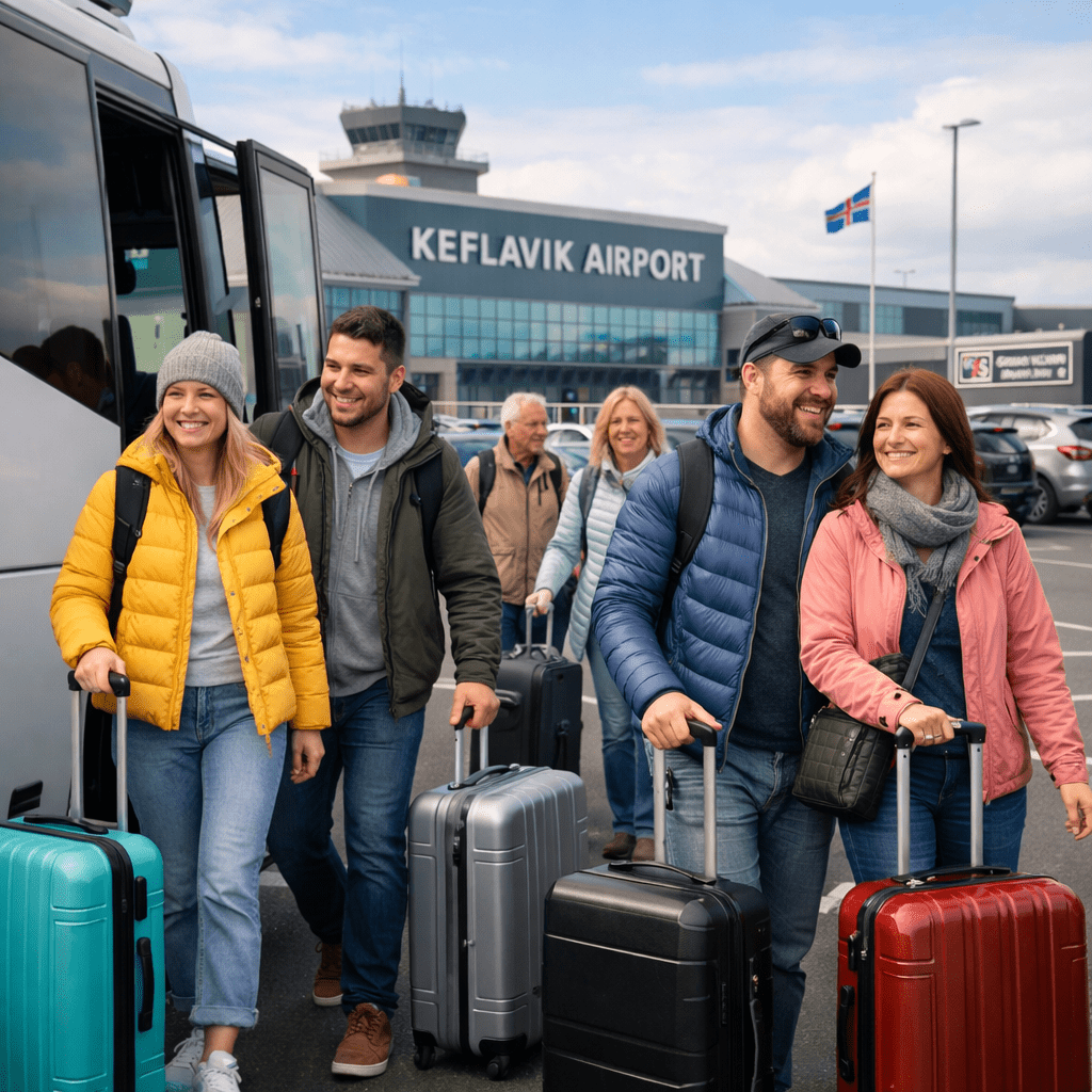 Reisende vor dem Flughafen Keflavik