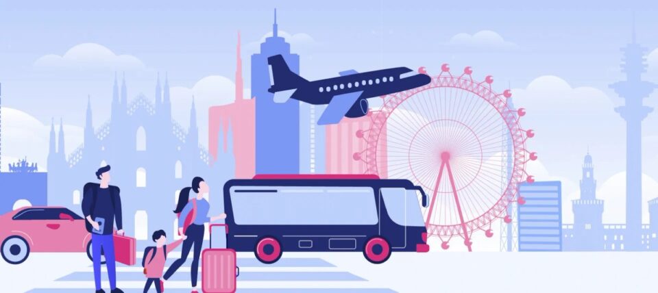 Illustrazione di un autobus aeroportuale in una scena urbana