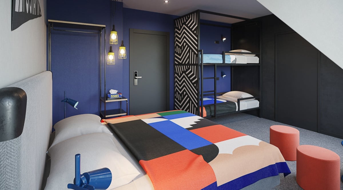 Familienzimmer von The Social Hub mit Etagenbetten und farbigem Design