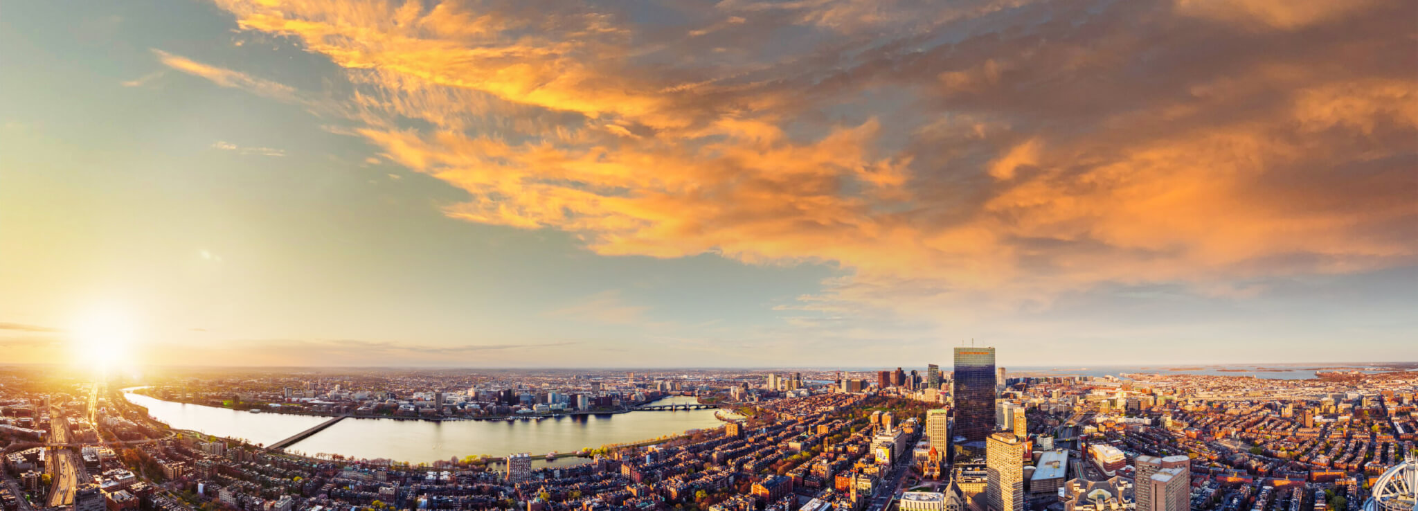 Sunset panorama of Boston skyline from View Boston