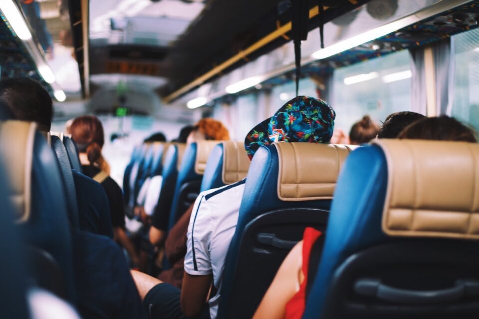 Passengers on a coach bus