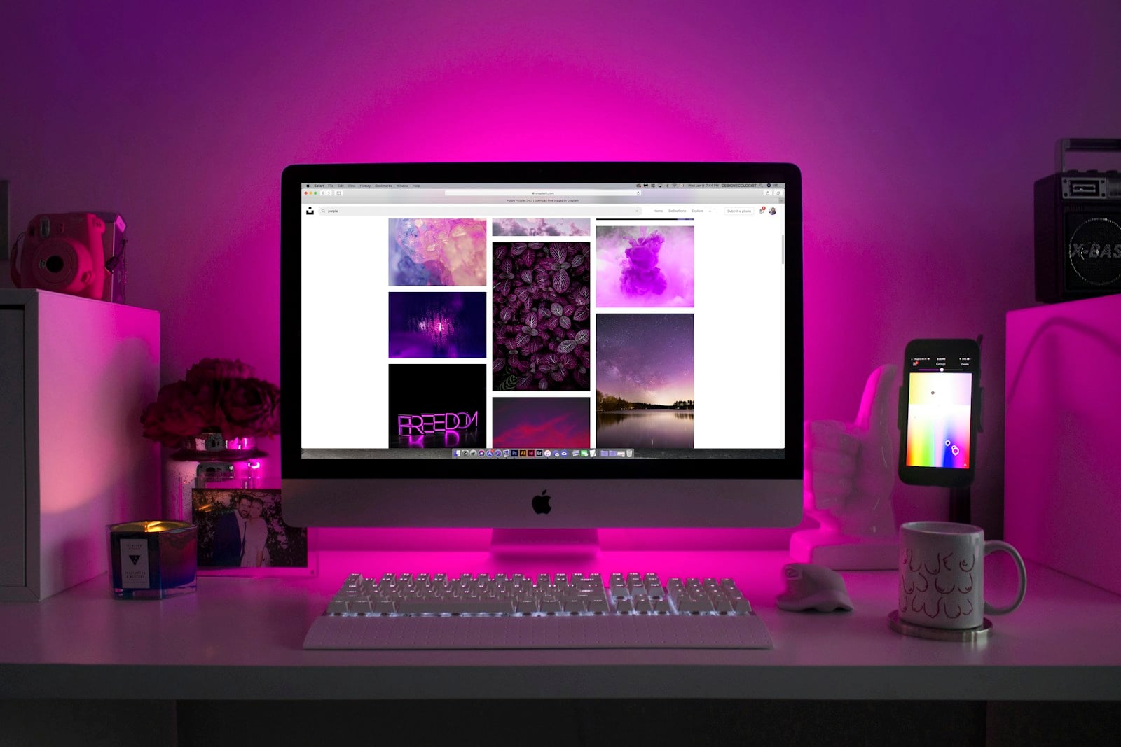 Desktop computer with pink lighting