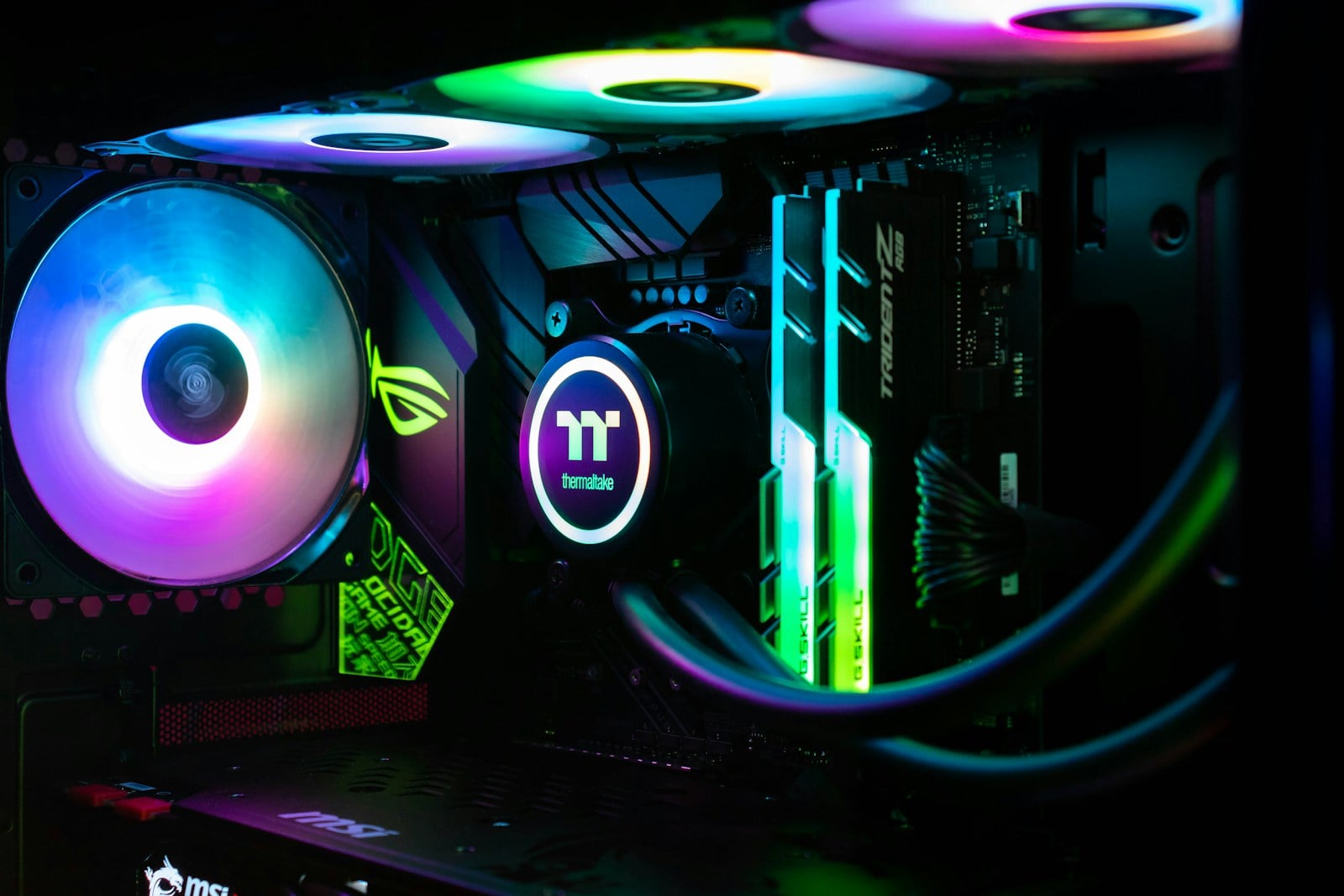 Illuminated desktop PC interior with visible hardware