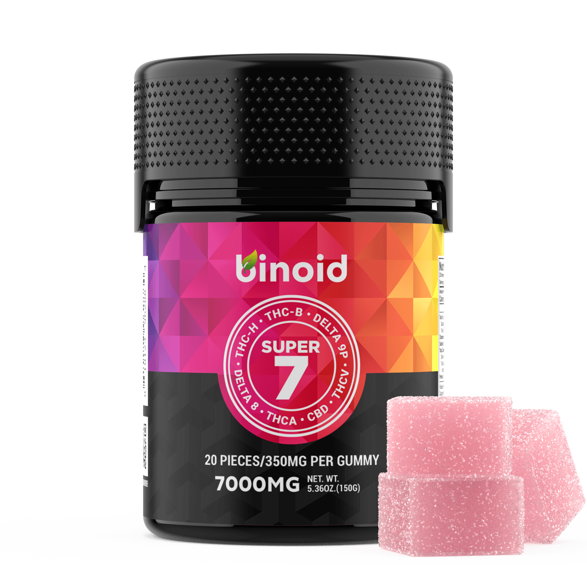 Binoid CBD Super 7 Gummies 7000MG jar and gummy pieces