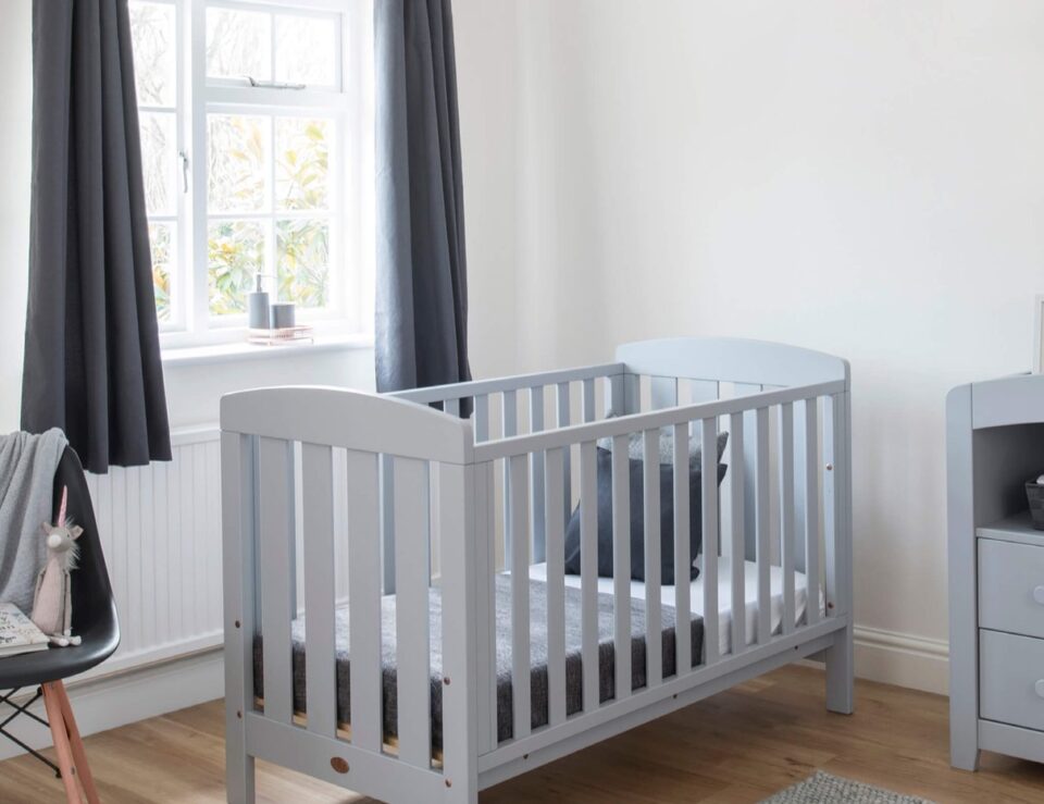 Alice Cot Bed Pebble styled in a nursery room
