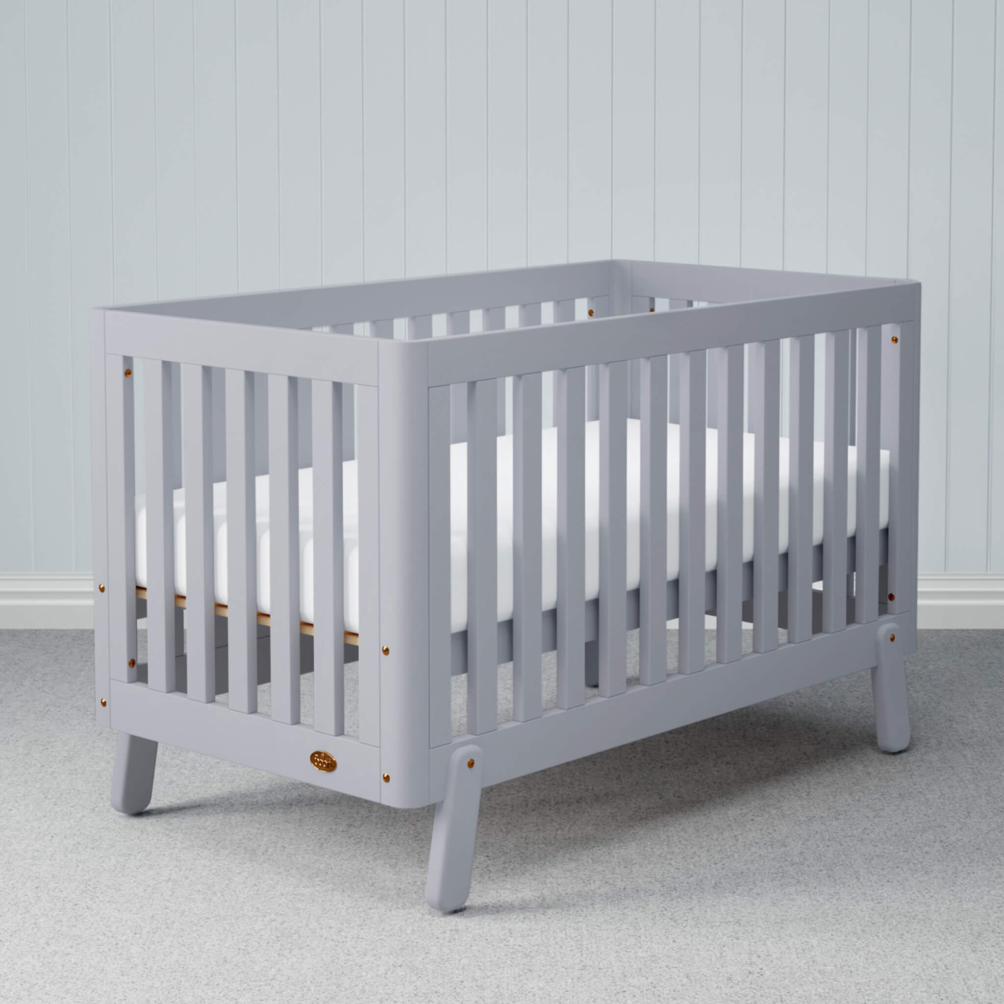 Boori Turin Cot Bed Pebble styled in a nursery room