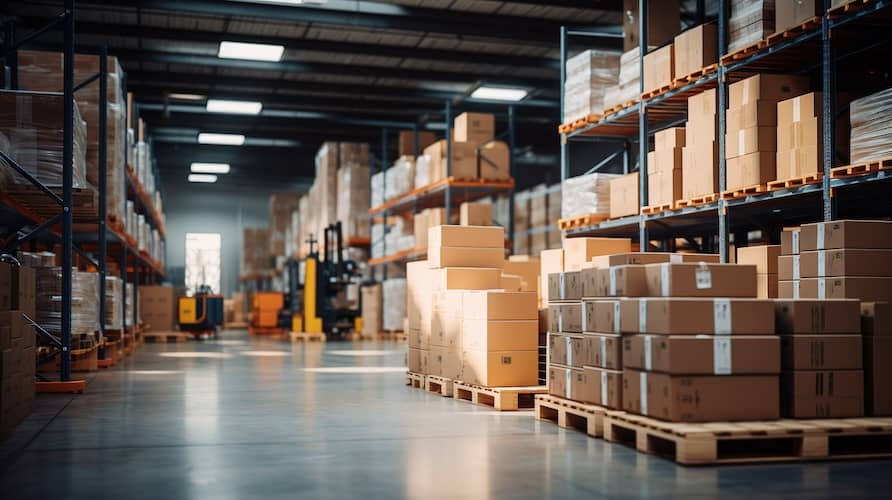 Stacked building material boxes in a warehouse