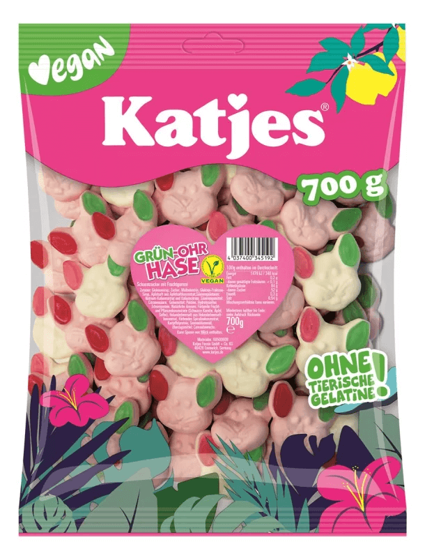 Vegane Katjes Grün-Ohr Hasen in einer Produktpackung