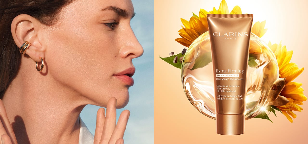 Clarins Extra-Firming kampagne med model og hudpleje