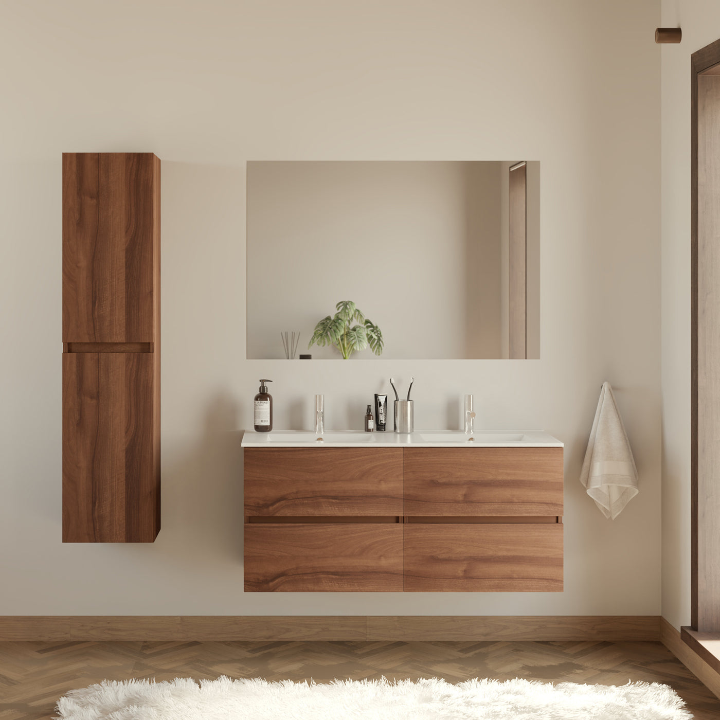 Meuble de salle de bain cosyneo Ida double vasque finition nogal dans une scène de salle de bain