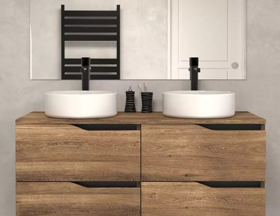 Meuble de salle de bain cosyneo LUNA quatre tiroirs finition tabaco avec deux vasques
