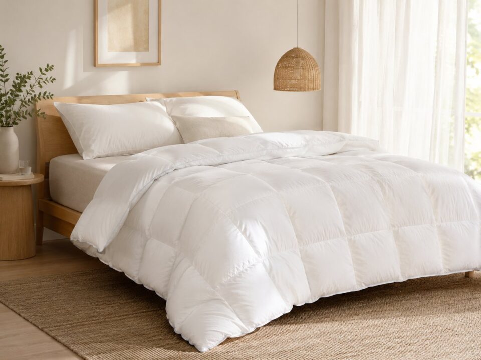 Cuddledown Edelweiss Hungarian goose down duvet styled on an oak bed