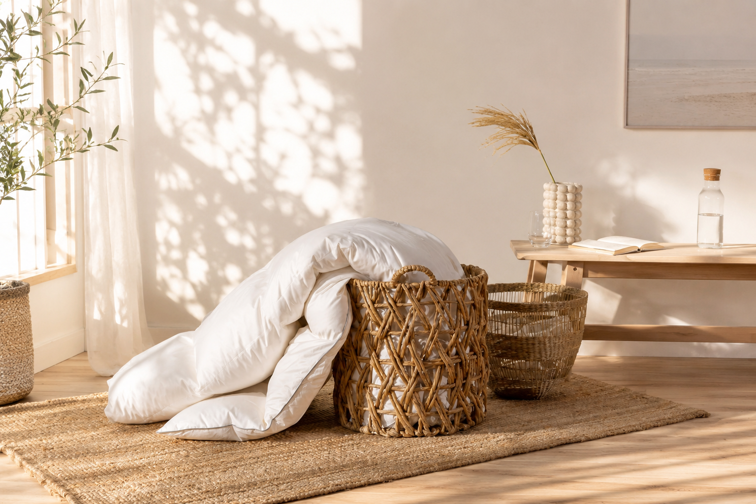 Cuddledown 100% Hungarian goose down summer duvet draped over a woven basket