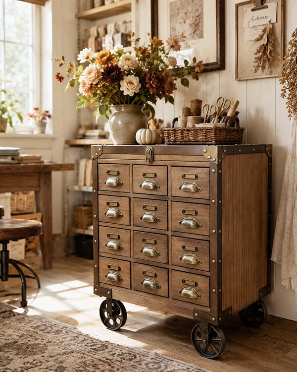 Wood apothecary rolling cabinet with multiple drawers