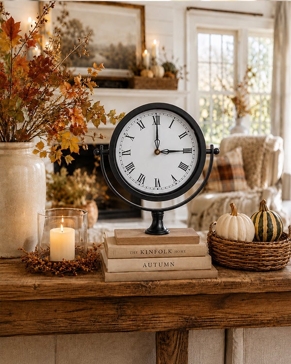 Wood and metal Roman numeral tabletop clock