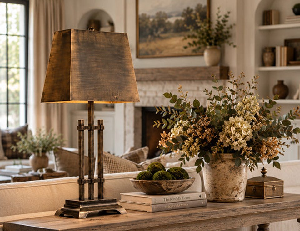 Sculpted table lamp with a fabric shade