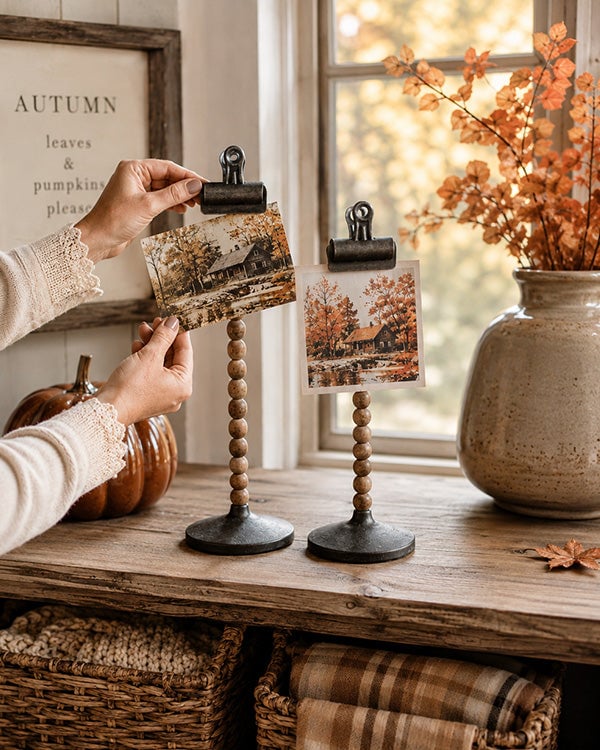 Two hand-turned wood bead pedestal clip stands