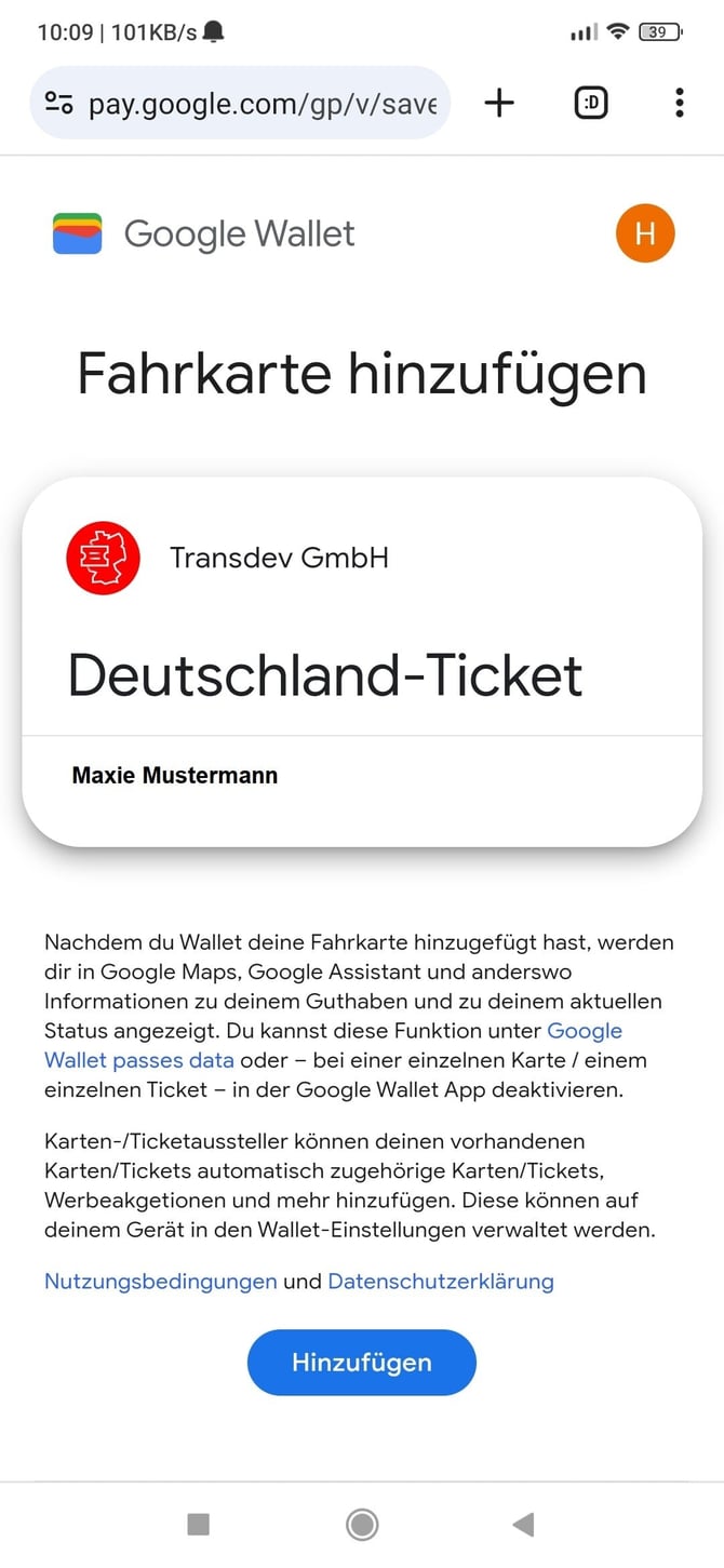 Ansicht zum Hinzufügen des Deutschlandtickets in die Wallet auf einem Android-Smartphone