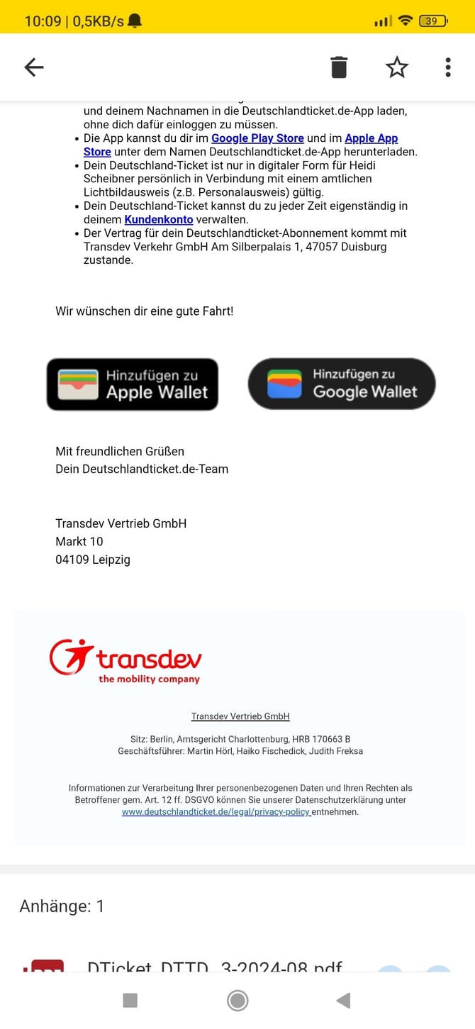 E-Mail mit dem Link zum Hinzufügen des Deutschlandtickets zur Wallet auf einem Smartphone