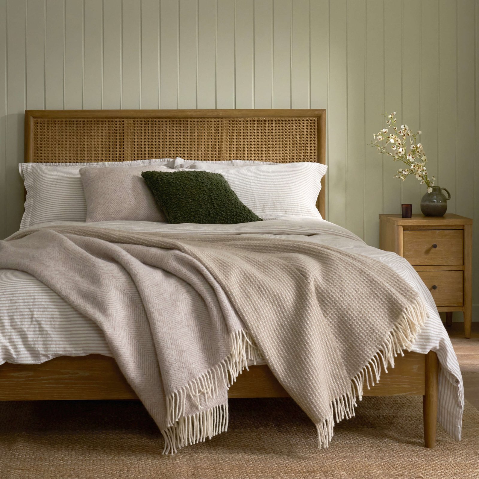 Adina rattan bed in weathered oak with woven rattan headboard