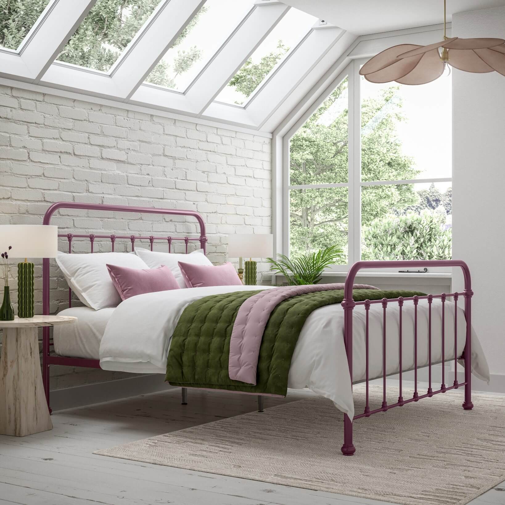 Oliver metal bed frame in mauve with powder-coated finish