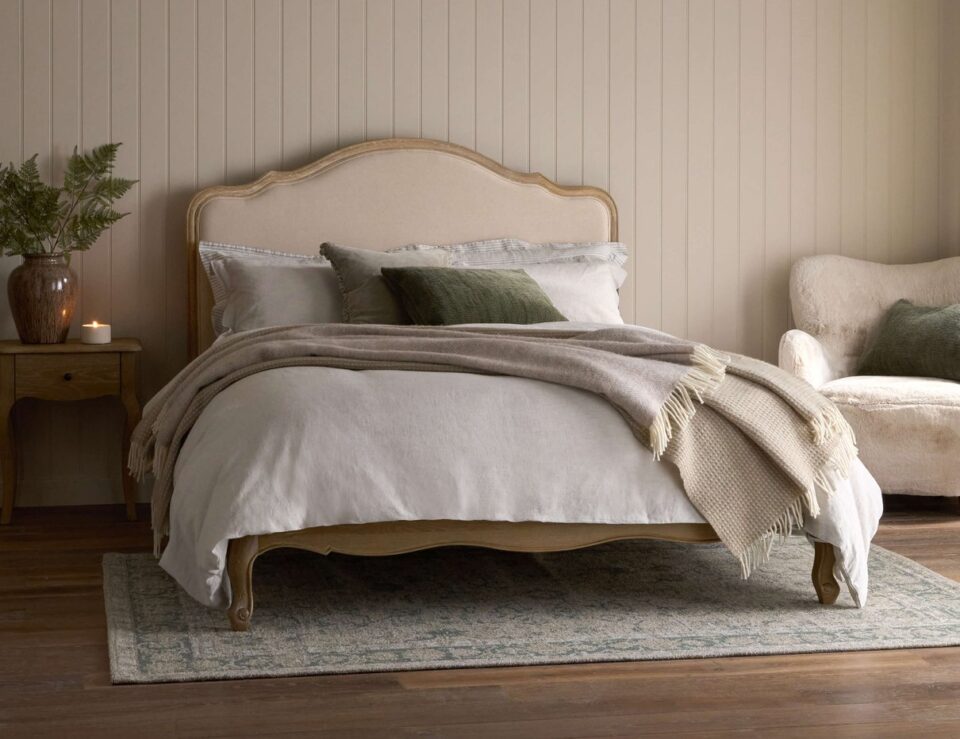 Sienna Beau linen bed in weathered oak with natural upholstered headboard